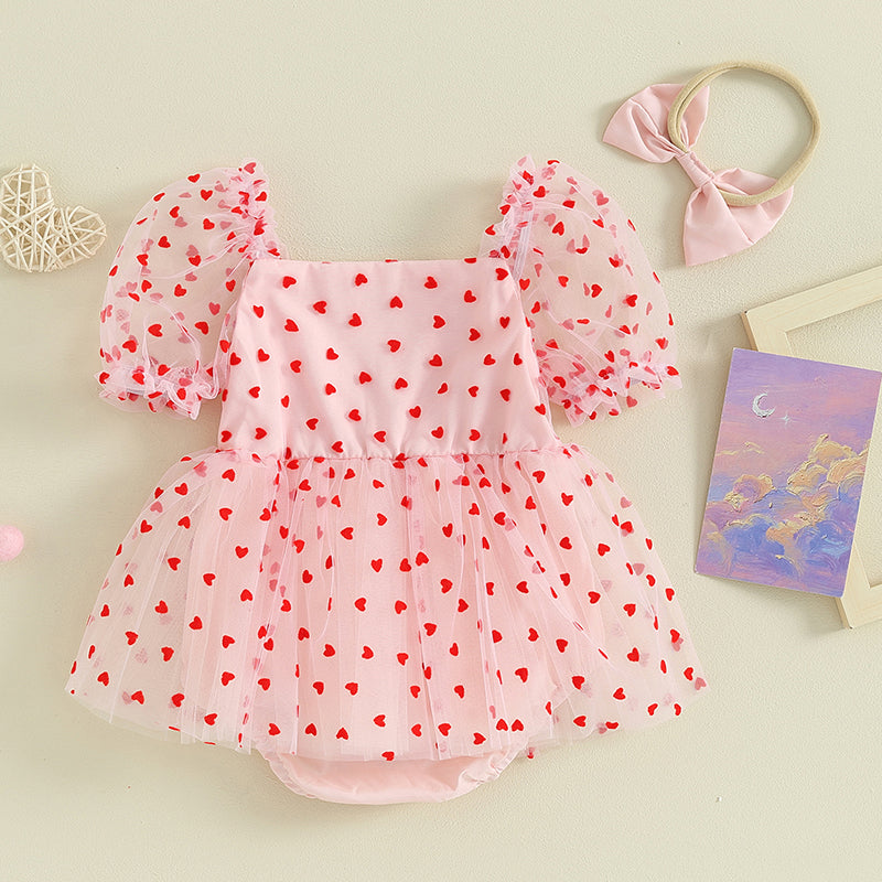 2Pcs Newborn Girl Romper Dress Valentine's Day Outfit Short Puff Sleeve Heart Print A-line Rompers with Bowknot Headband Clothes