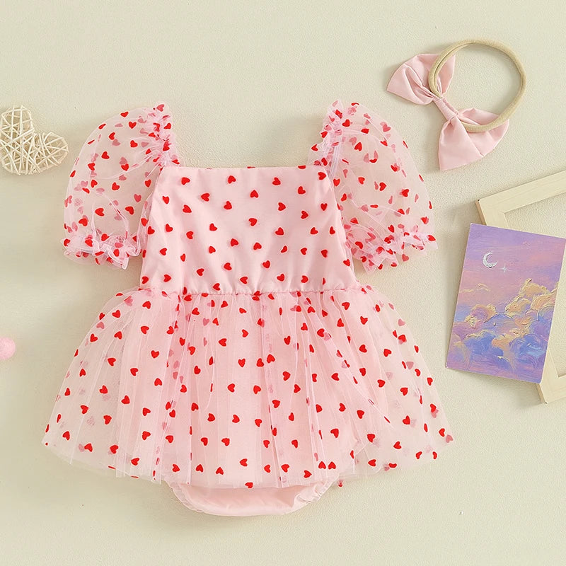 2Pcs Newborn Girl Romper Dress Valentine's Day Outfit Short Puff Sleeve Heart Print A-line Rompers with Bowknot Headband Clothes