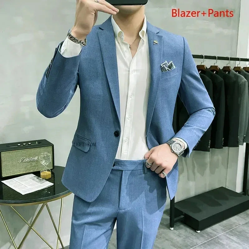 ( Blazer + Pants ) High End Brand Plaid Men's Casual Formal Office Business Suit Groom Wedding Dress Slim Suit Jacket Trousers