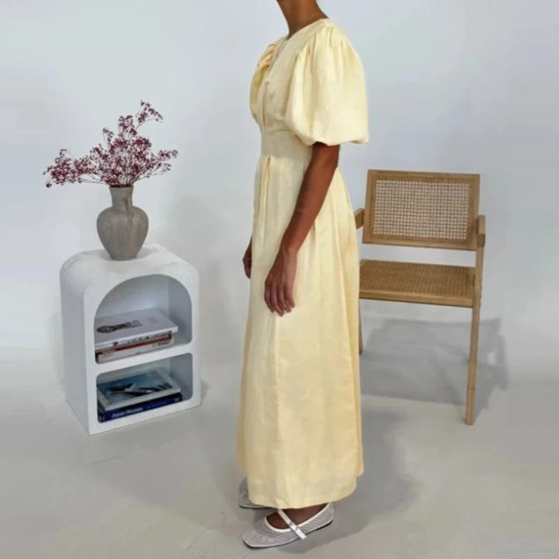 Fashion Commuter Pleated Long Dresses Ladies O-neck Puff Sleeve Elegant Party Dress 2025 Summer Casual Solid Waist A-line Dress