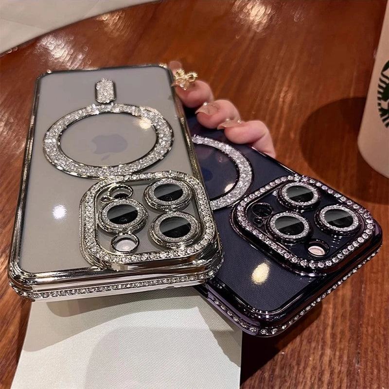 Luxury Glitter Diamond Clear Phone Case For iPhone 15 11 12 13 14 Pro Max Magsafe Magnetic iphone Case Wireless Charging Cover