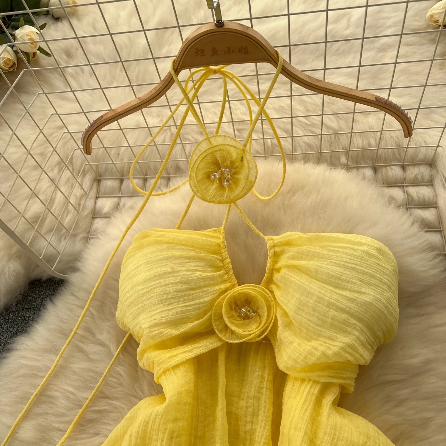 Elegant Sweet High Waist Hollow Out Asymmetric Three-dimensional Flower Halter Dress Vacation Slim Women Party Summer Dresses