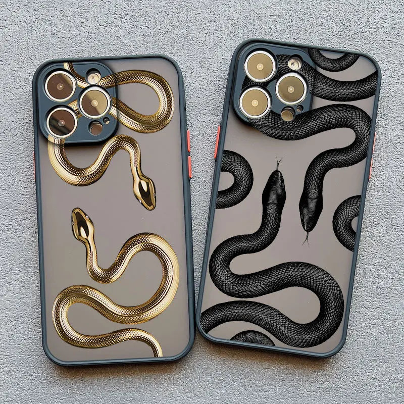 Luxurious Black Gold Snake Phone Case for IPhone 17 16 Plus 15 14 13 12 11 Pro Max Mini X XR Unique Dragon Shockproof Back Cover