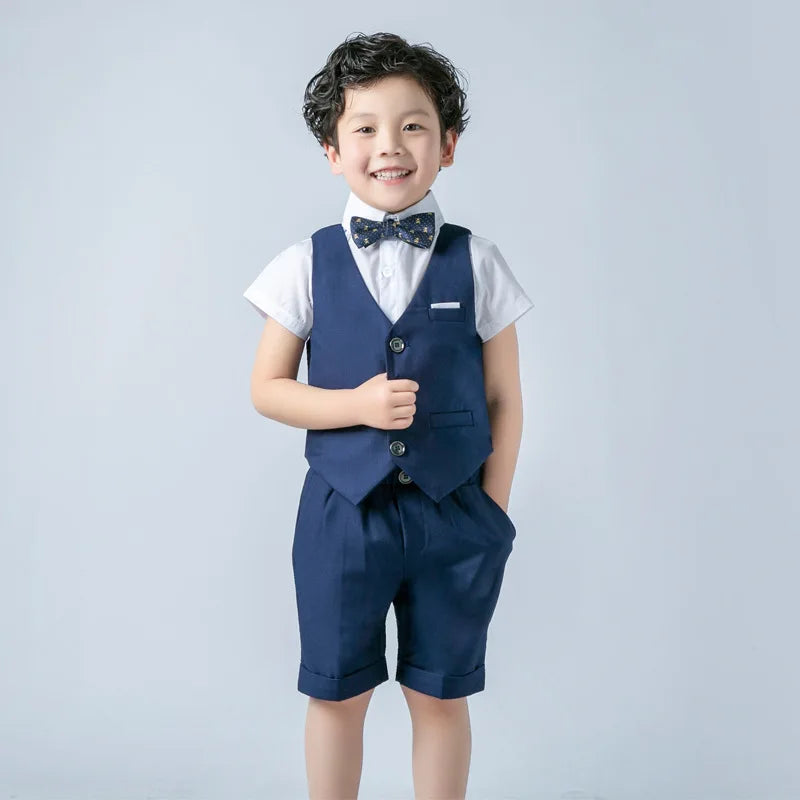 Boys Formal Birthday Photograph Suit Kids Summer Vest Shirt Short Bowtie Wedding Dress Teenager Suit Children Graduation Costume