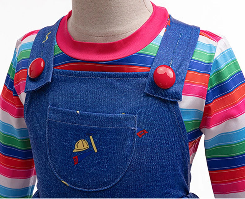 Girls' Long sleeved Rainbow stripes Denim overalls Dress jumpsuit Children's Casual two-piece Set Halloween cosplay Skirt 1-8