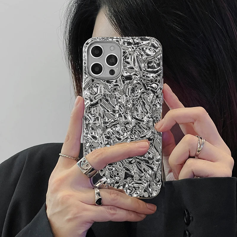 Plating Metal Color Silver Tin Foil Pleats Case For iPhone 14 13 12 11 15 16 17 Pro Max Air Mini XS XR Plus Silicone Phone Case