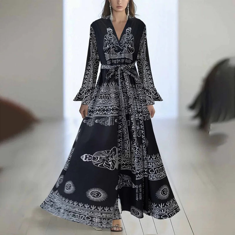 Robes Woman Elegant Floral Print Patchwork Maxi Dress Sexy V Neck High Waist Long Dress Spring Puff Sleeves Loose Bohemian Dress