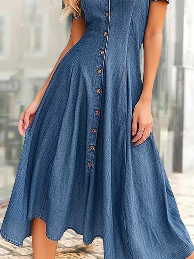 V-neck Single Breasted Denim Shirt Dress for Women Harajuku Summer Party Long Dresses Elegant Short-sleeved Slim-fit Denim Dress