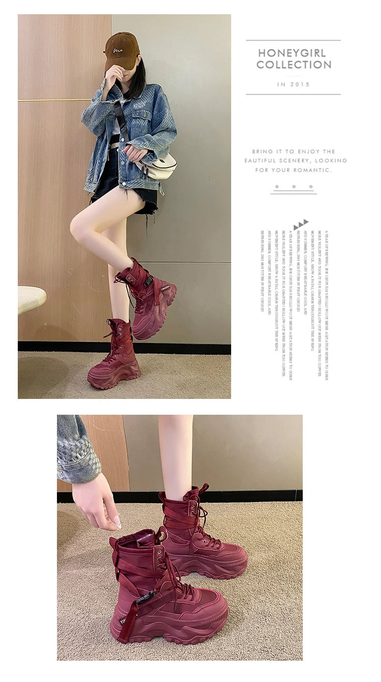 Women Ankle Boots Autumn Leather Chunky Shoes Woman High Platform Breathable Sneakers 8CM Thick Sole Wedges Motorcycles Boots