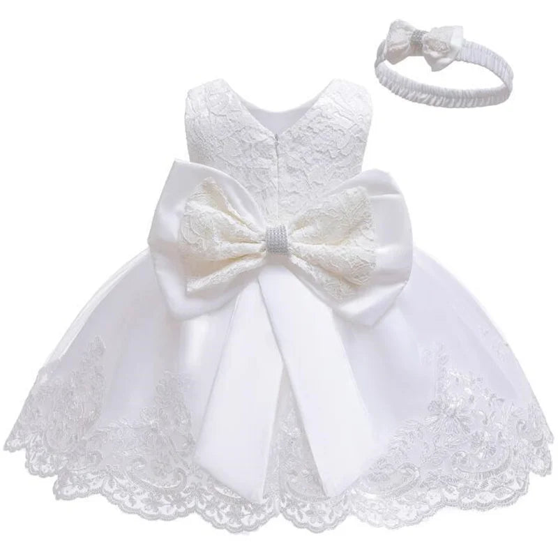 Baby Girls Princess Dress And Hairband 2Pcs Elegant Bow Toddler Girl 1 Years Birthday Party Lace Ball Gown Vestidos Kids Dresses