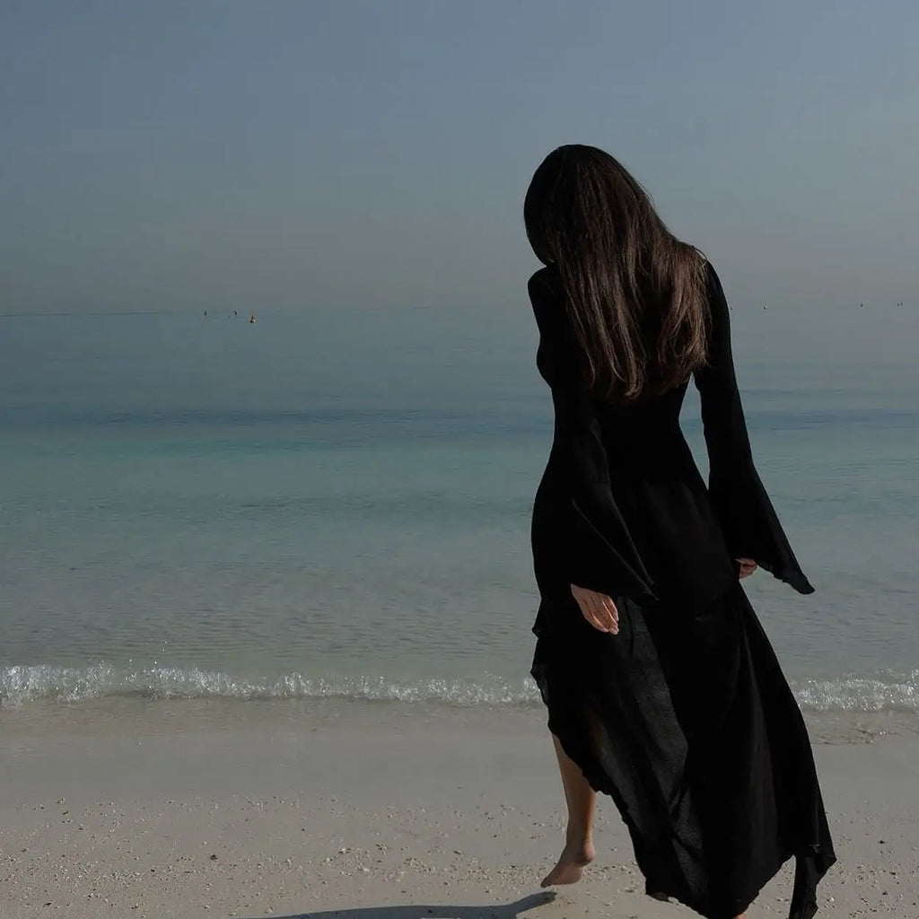 New Sexy V Neck Black White Ruffled Long Sleeve Chiffon Tunic Beach Cover Up Cover-ups Dress Sunscreen Beachwear Womens Clothing