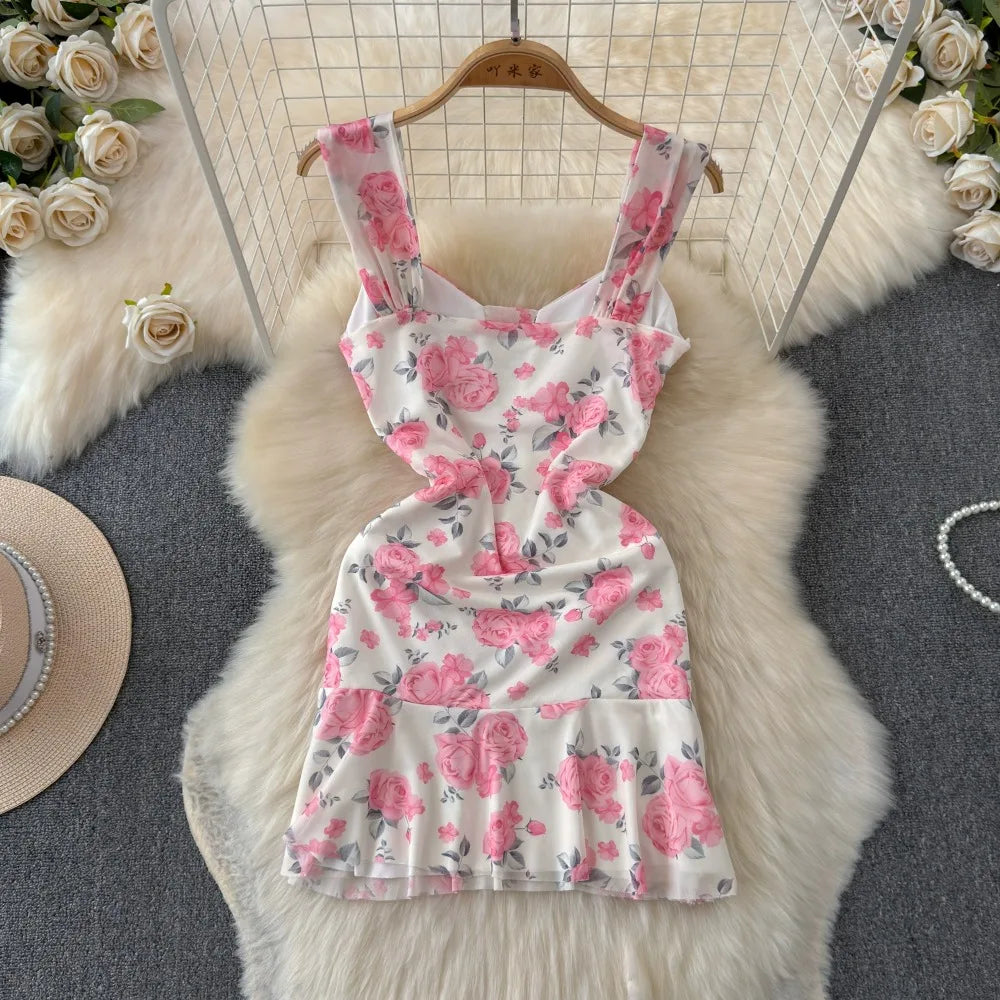 SsTss Summer Sweet Pink Floral Print Mesh Bodycon Dress for Women Elegant Square Neck Sleeveless Slim Ruched Ruffles Party Dress