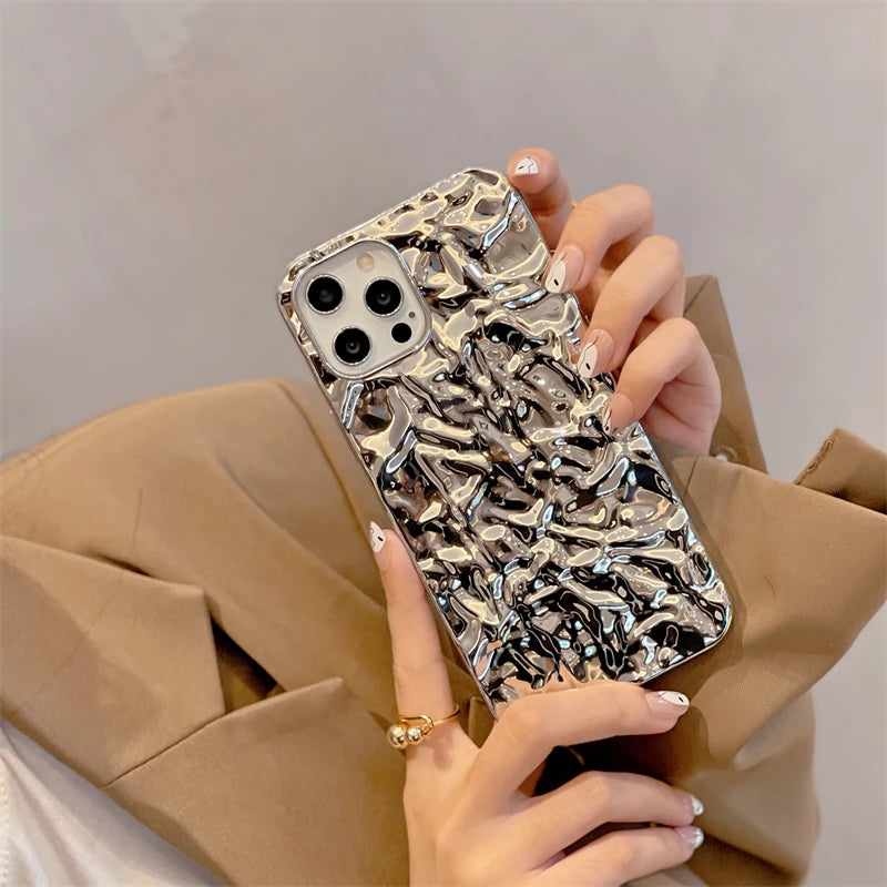 Plating Metal Color Silver Tin Foil Pleats Case For iPhone 14 13 12 11 15 16 17 Pro Max Air Mini XS XR Plus Silicone Phone Case