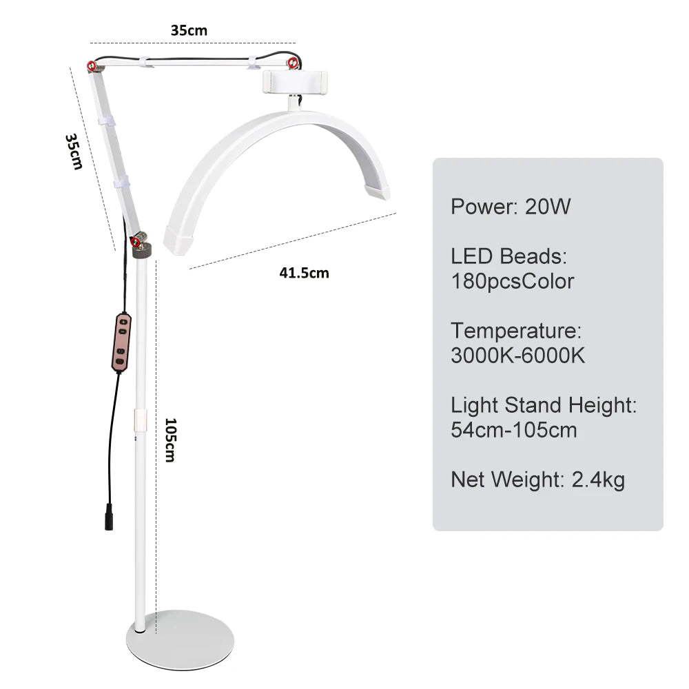 16 INCH LED Half Moon Lash Light Temperature 20W 3000K-6000K LED Ring Lamp for Beauty Facials Skincare Tattoo Eyebrows Filming