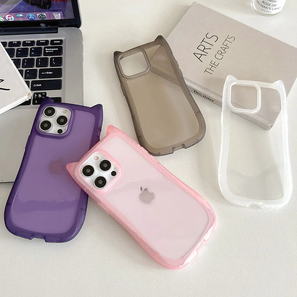 Korea Cute 3D Cat Ear Transparent Phone Case For iPhone 11 12 13 14 15 16 Pro Max Matte Silicone Shockproof Protective Cover