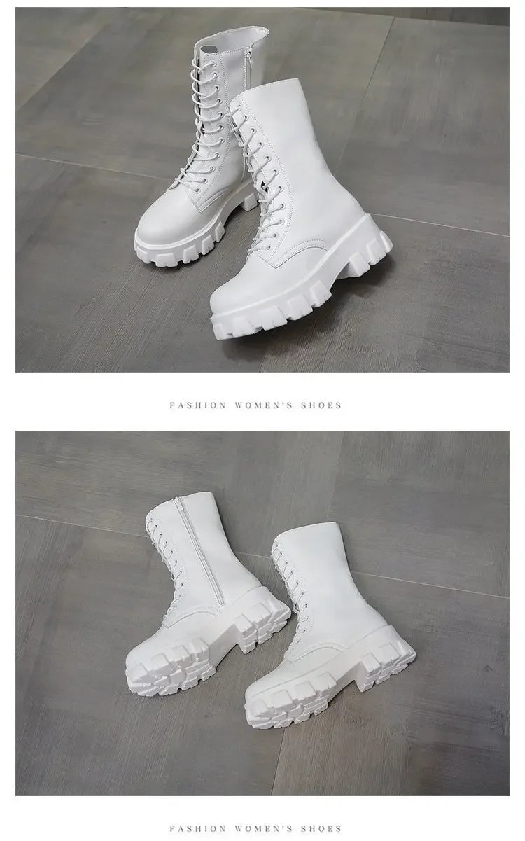 2024 Winter Shoes Women White Boots Autumn Fashion PU Leather Platform Gothic Boots Punk Combat Mid-Calf Boots For Women Booties