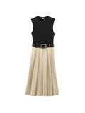 Women Summer MIDI Dress 2025 Fashion Patchwork O-Neck Belt Sleeveless Female Elegant Street Pleated Dresses Clothing