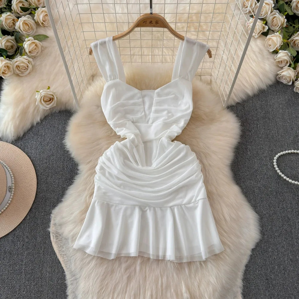 SsTss Summer Sweet Pink Floral Print Mesh Bodycon Dress for Women Elegant Square Neck Sleeveless Slim Ruched Ruffles Party Dress