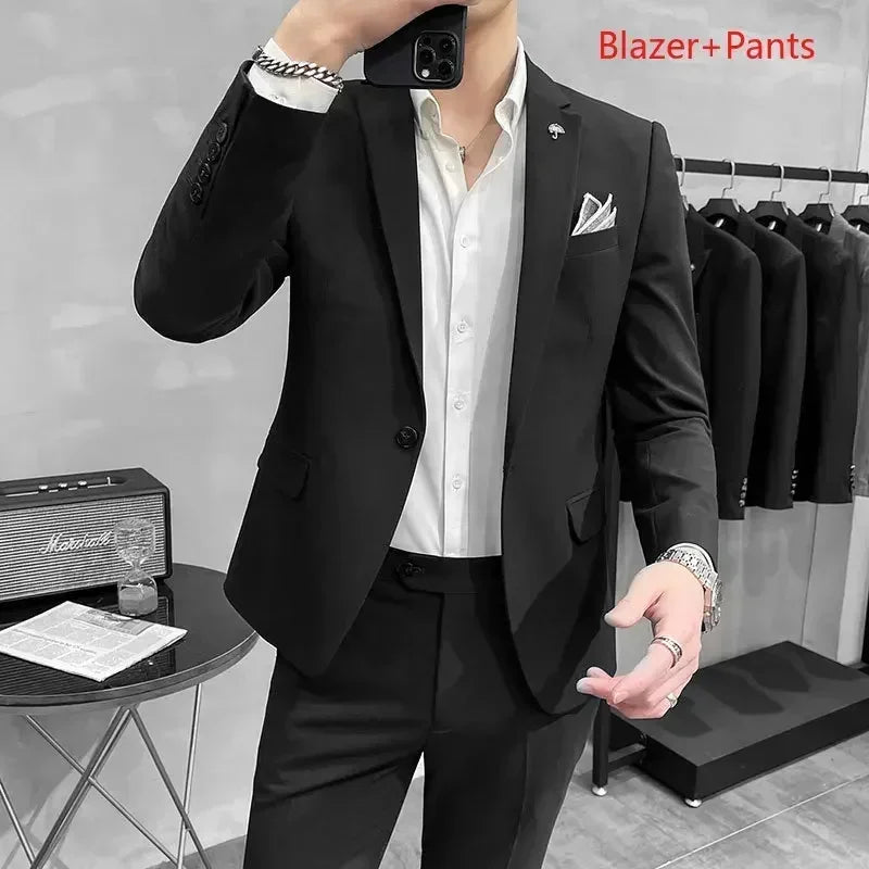 ( Blazer + Pants ) High End Brand Plaid Men's Casual Formal Office Business Suit Groom Wedding Dress Slim Suit Jacket Trousers
