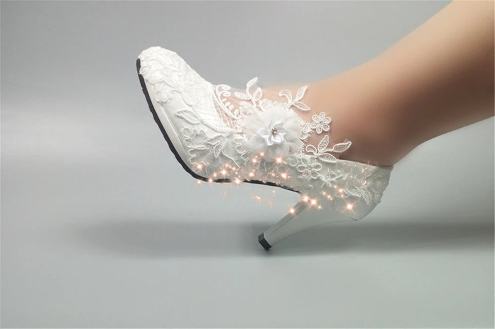 Spring new round-toe waterproof platform lace rhinestone low-heel wedding shoes thin high-heeled dress large-size women's shoes