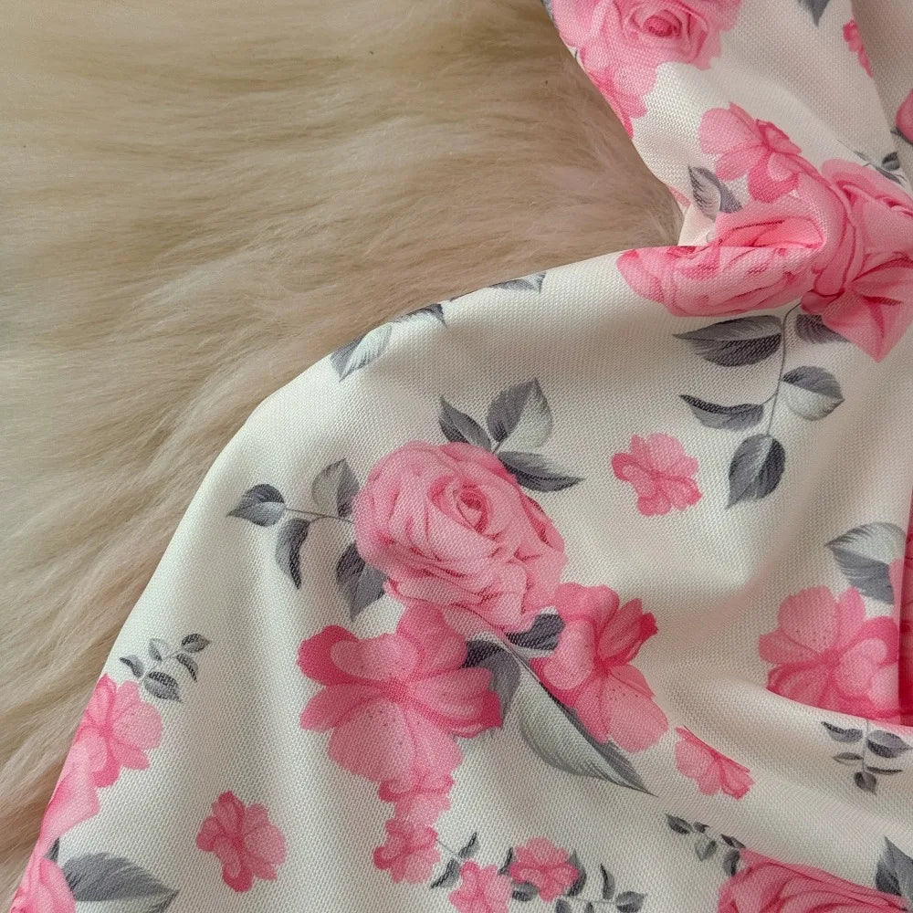 SsTss Summer Sweet Pink Floral Print Mesh Bodycon Dress for Women Elegant Square Neck Sleeveless Slim Ruched Ruffles Party Dress