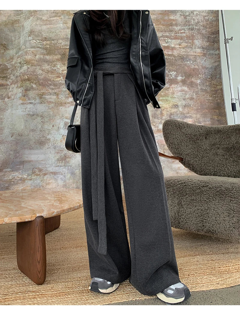MEXZT Woolen Wide Leg Pants Women Fashion Lace Up Black Baggy Suit Pants Winter Streetwear Korean Casual Straight Trousers New