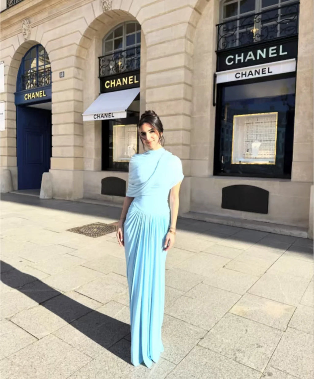 Elegant Shawl Ruched Asymmetrical Maxi Women Dress Summer Light Blue Slim Light Blue Party Dress Female Chic Evening Prom Gowns