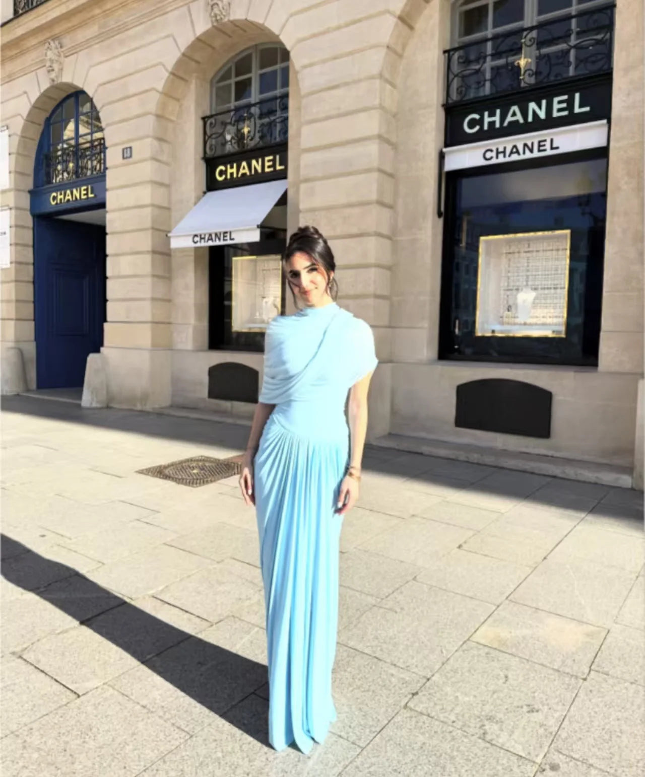Elegant Shawl Ruched Asymmetrical Maxi Women Dress Summer Light Blue Slim Light Blue Party Dress Female Chic Evening Prom Gowns