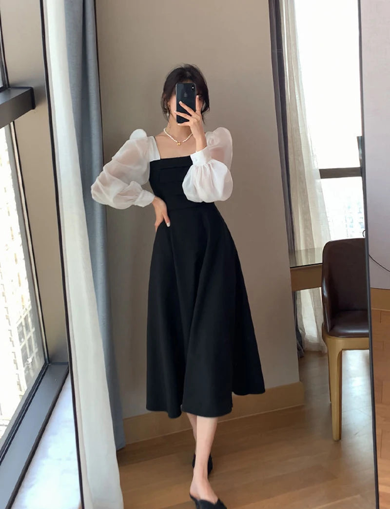Korean Black Dress Women Elegant Fashion Summer Office Ladies High Waist Dress Chiffon Patchwork Square Collar A Line Vestidos