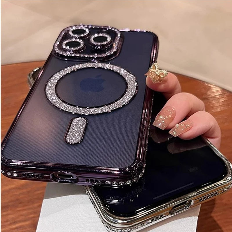 Luxury Glitter Diamond Clear Phone Case For iPhone 15 11 12 13 14 Pro Max Magsafe Magnetic iphone Case Wireless Charging Cover