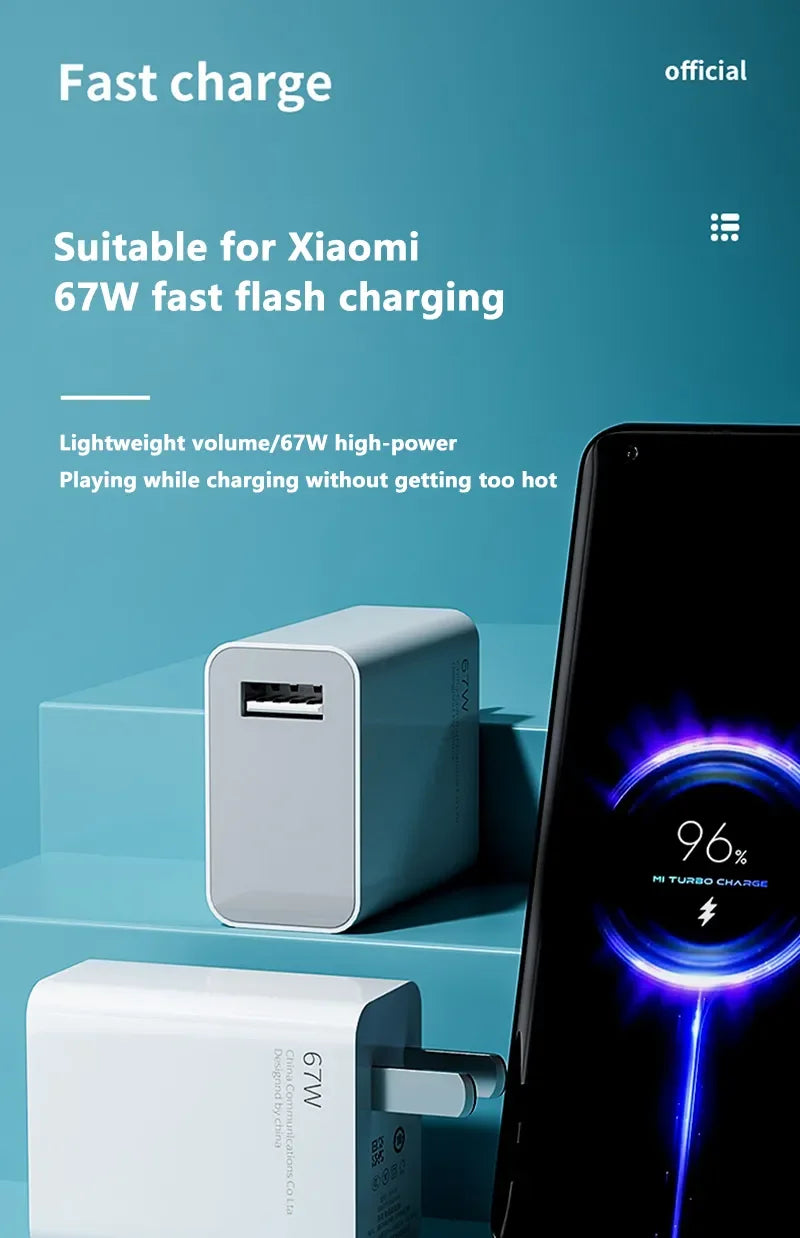 For Xiaomi  67W USB Super Fast Charger Power Adapter Mi 12 11 6A Type C Cable POCO X5 X4 Pro Note 9 10 11 Charging