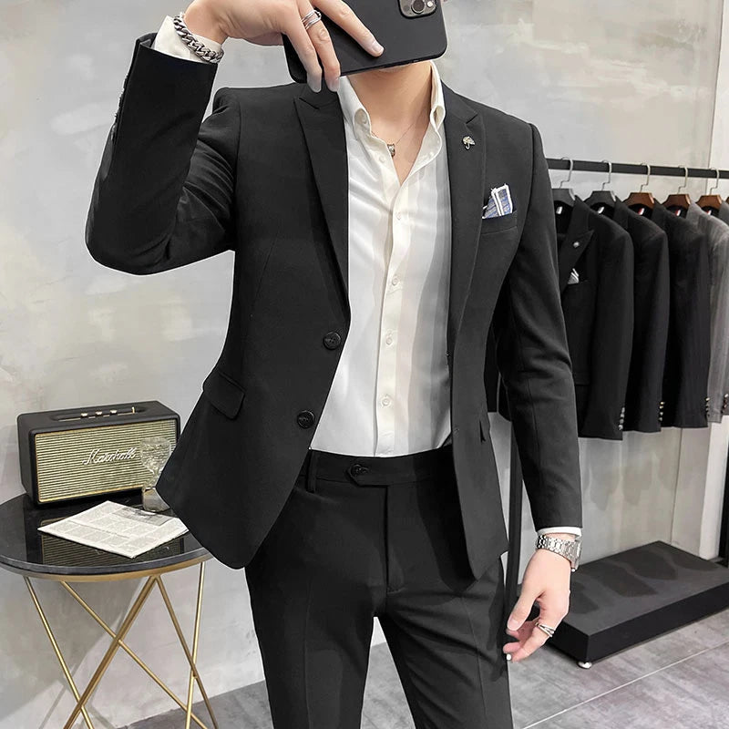 ( Blazer + Pants ) High End Brand Plaid Men's Casual Formal Office Business Suit Groom Wedding Dress Slim Suit Jacket Trousers