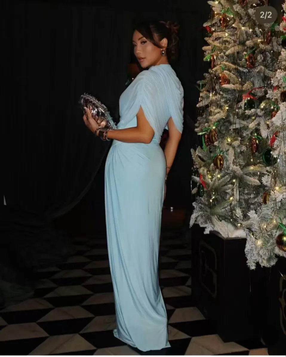 Elegant Shawl Ruched Asymmetrical Maxi Women Dress Summer Light Blue Slim Light Blue Party Dress Female Chic Evening Prom Gowns
