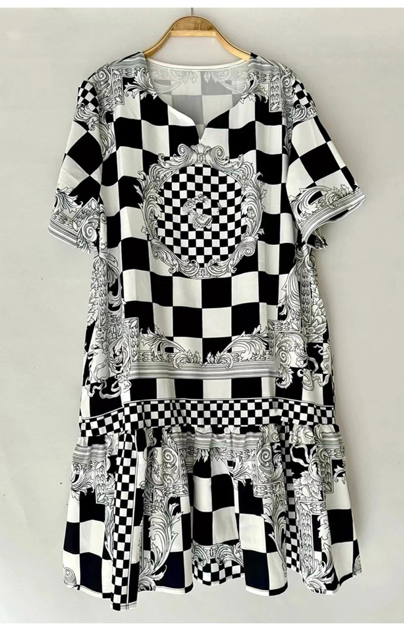 Fashion elegant geometric printing short sleeve loose dress Summer women's new temperament casual short straight skirt