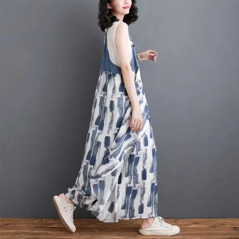 [EWQ] Sweet Women's Denim Dress Patchwork Contrasting Print Design Big Zise Casual Clothing Beautiful Sing Dresses 16O1075