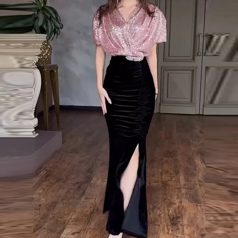Sexy Elegant Sequin Velvet Slimming Party Dresses Women V Neck Sparkling Ball Gathering Club Split Long Dress Women Clothing