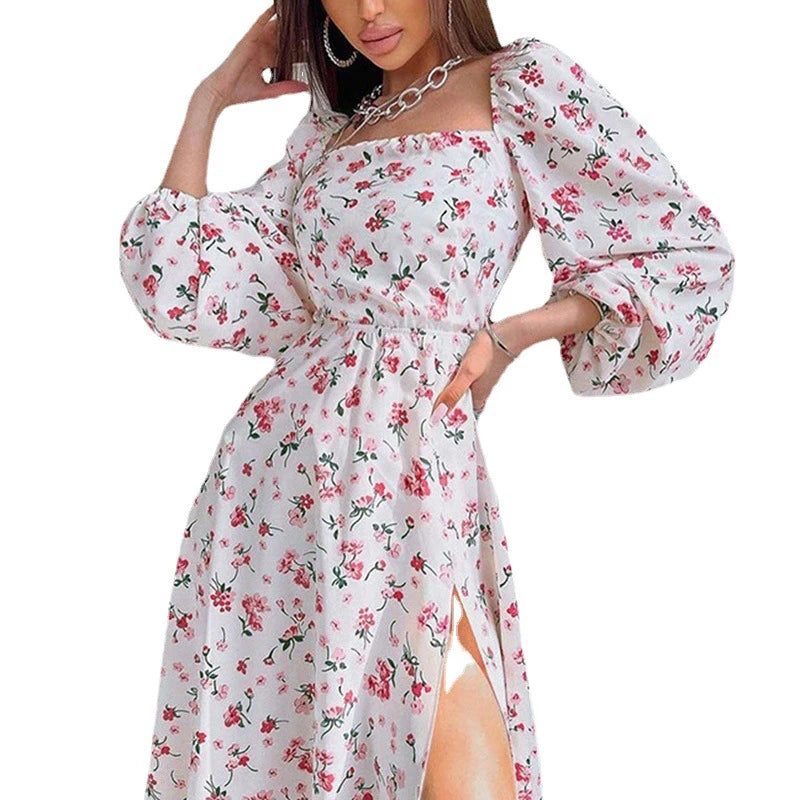 Chic Floral Printed Lantern Long Sleeve Dress Women Backless Cross Strap Split Long Dress Elegant Square Collar Slim Vestidos