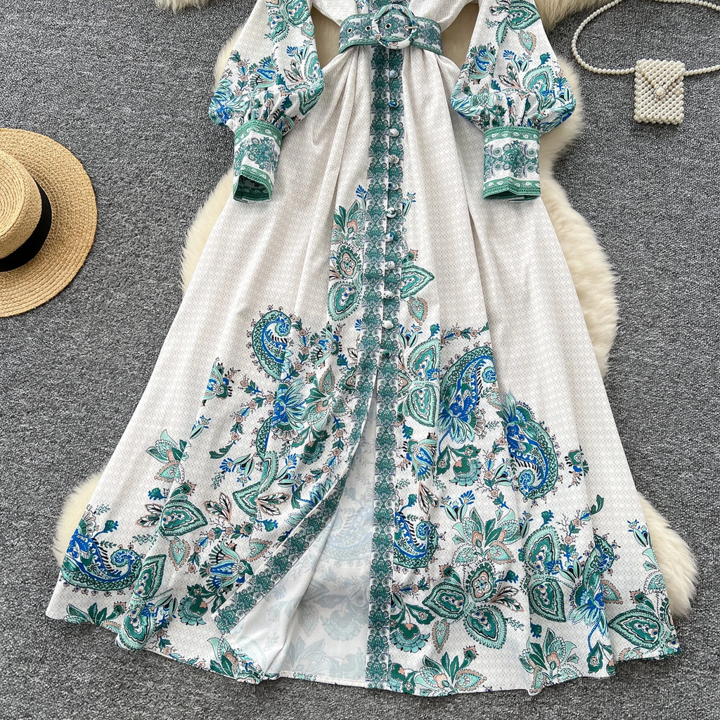 Elegant Long Sleeves Vintage Stand Collar Chic Single Breasted Print Bandage Slim Long Dress High Street Autumn Winter Clothing