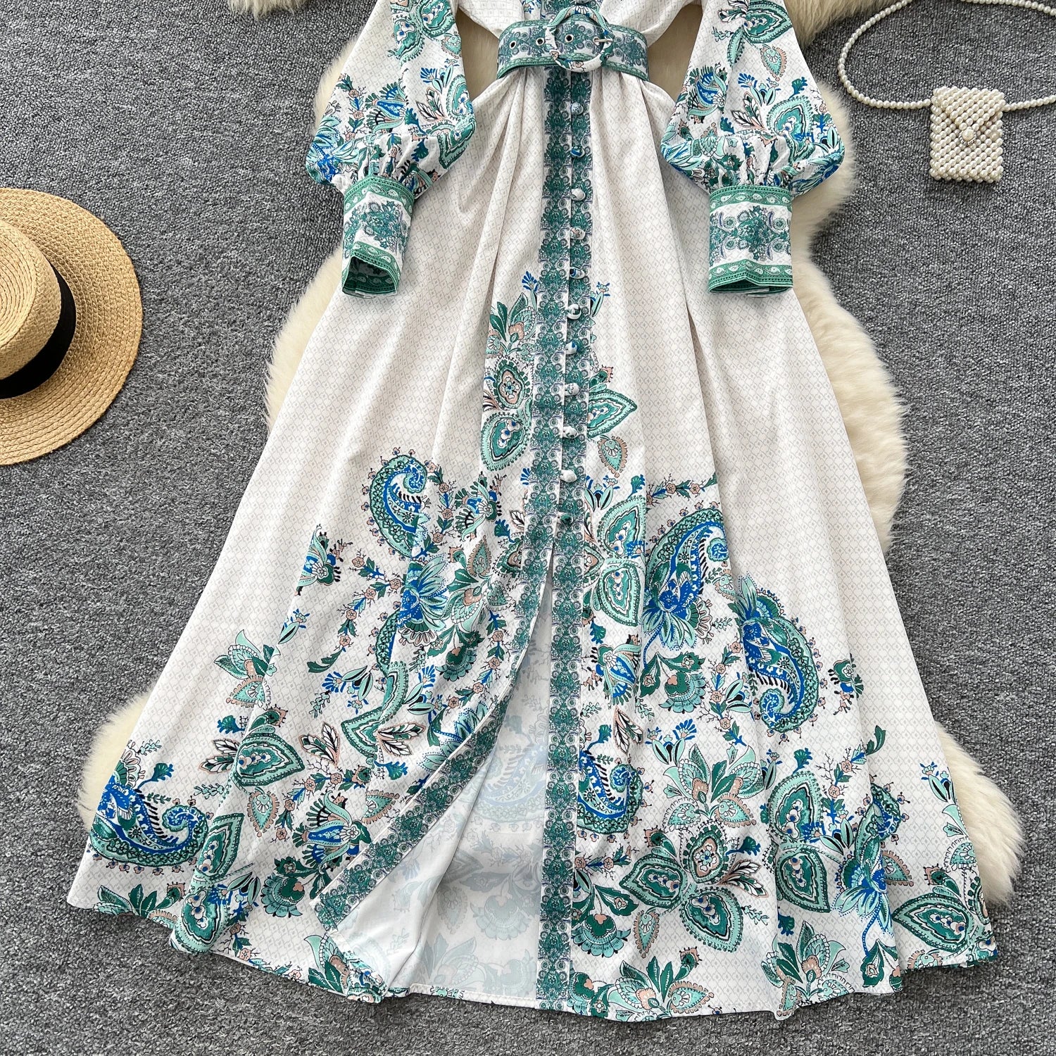 Elegant Long Sleeves Vintage Stand Collar Chic Single Breasted Print Bandage Slim Long Dress High Street Autumn Winter Clothing