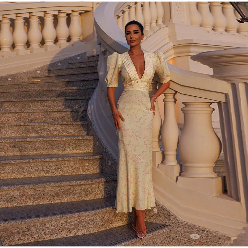 Elegant Printed Maxi Dress Women Half Sleeve V-Neck Button Waist-Closed Hip Package Ruffle Dresses 2026 Spring Summer Lady Robe
