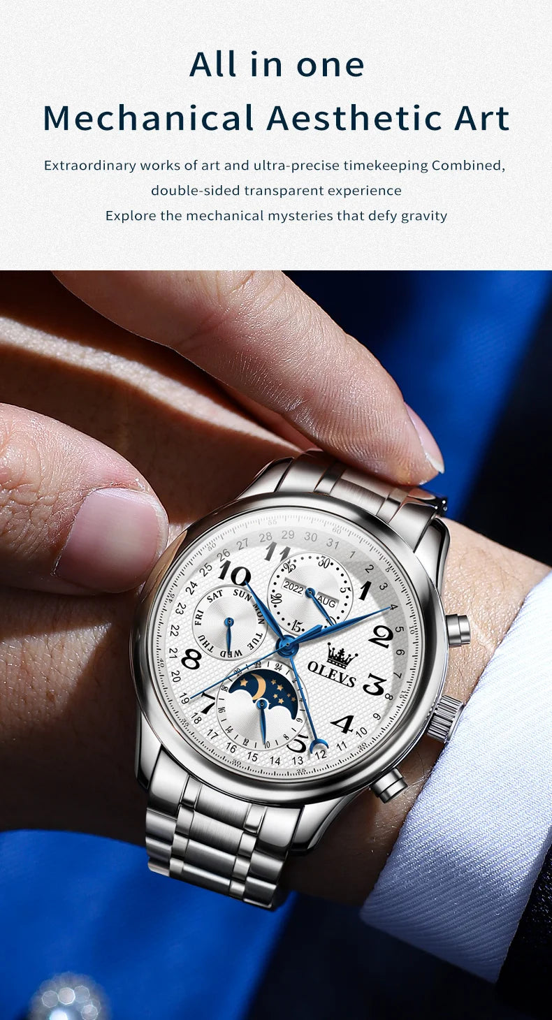 OLEVS Top Brand Luxury Automatic Mechanical Men Watches Moon Phase Steel Dress Fashion Business Waterproof Watch Reloj Hombre