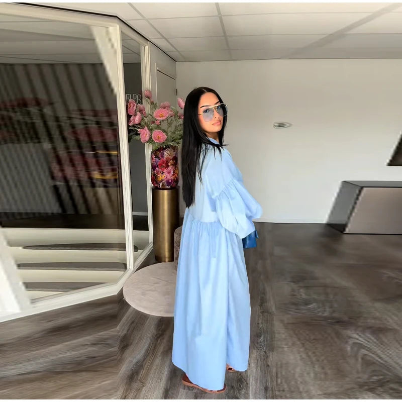 Loose Single Breasted Pleated Long Dress Women Elegant O-neck Lantern Sleeve A-line Party Dresses 2025 Summer Lady Casual Robes