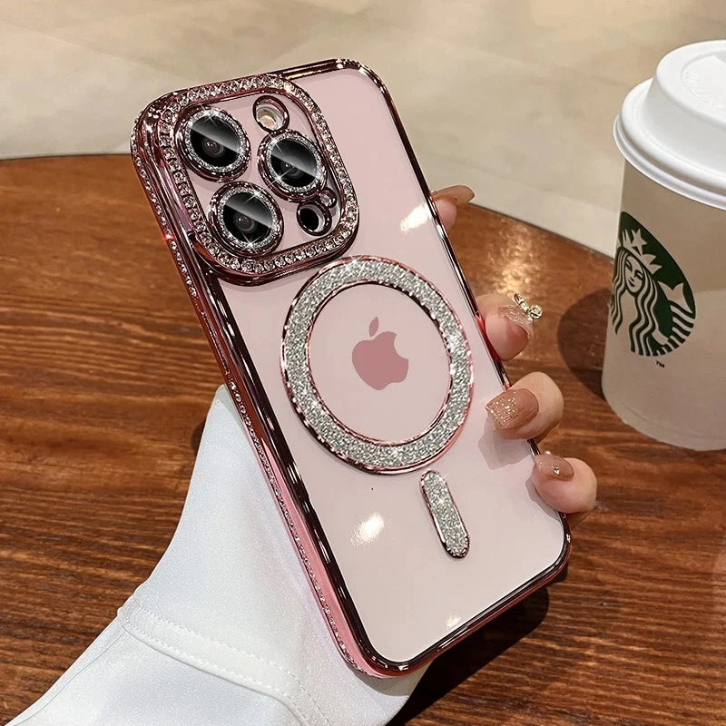 Luxury Glitter Diamond Clear Phone Case For iPhone 15 11 12 13 14 Pro Max Magsafe Magnetic iphone Case Wireless Charging Cover