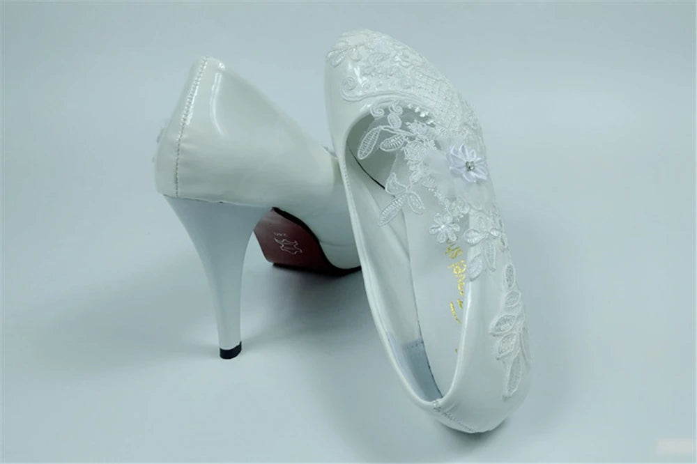 Spring new round-toe waterproof platform lace rhinestone low-heel wedding shoes thin high-heeled dress large-size women's shoes