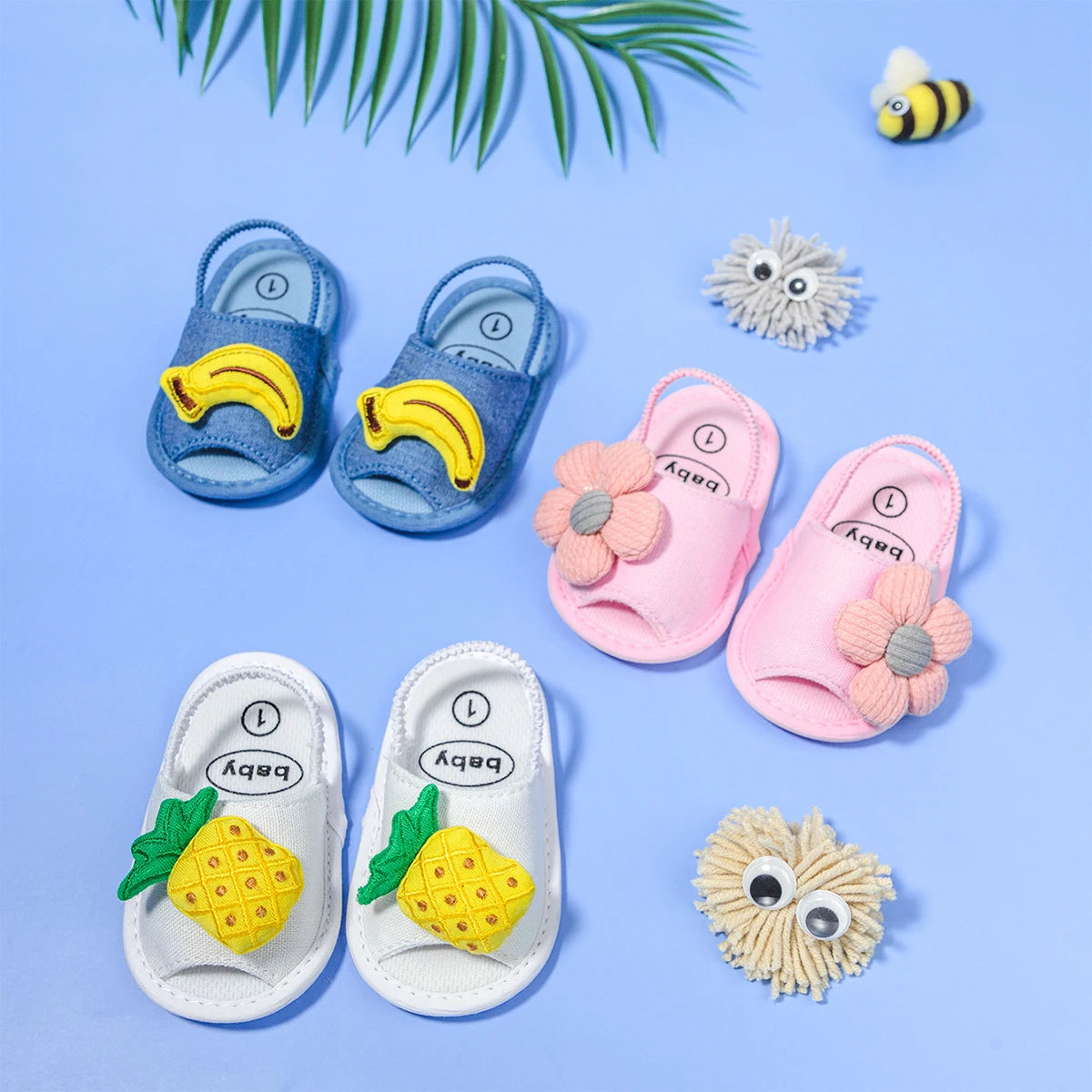 Meckior Summer Sandals Baby Boy Girl Shoes Fluff Baby Girl Slipper Animals Flower Anti-Slip First Walkers Crib Shoes