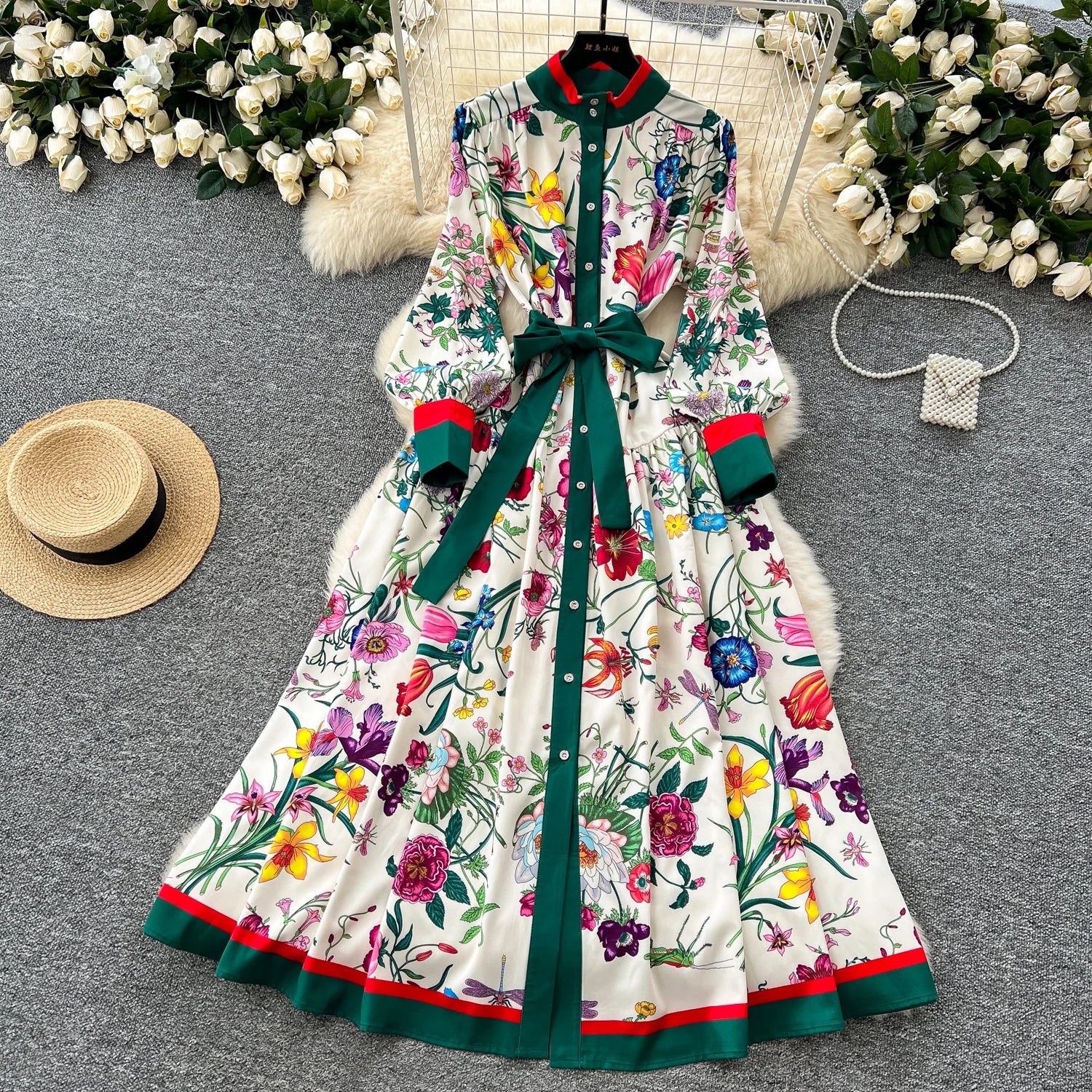 Elegant Long Sleeves Vintage Stand Collar Chic Single Breasted Print Bandage Slim Long Dress High Street Autumn Winter Clothing
