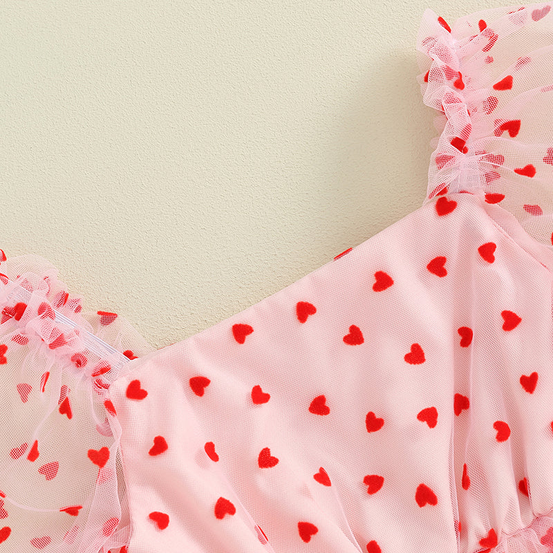 2Pcs Newborn Girl Romper Dress Valentine's Day Outfit Short Puff Sleeve Heart Print A-line Rompers with Bowknot Headband Clothes