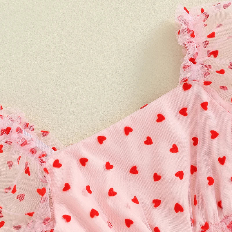 2Pcs Newborn Girl Romper Dress Valentine's Day Outfit Short Puff Sleeve Heart Print A-line Rompers with Bowknot Headband Clothes