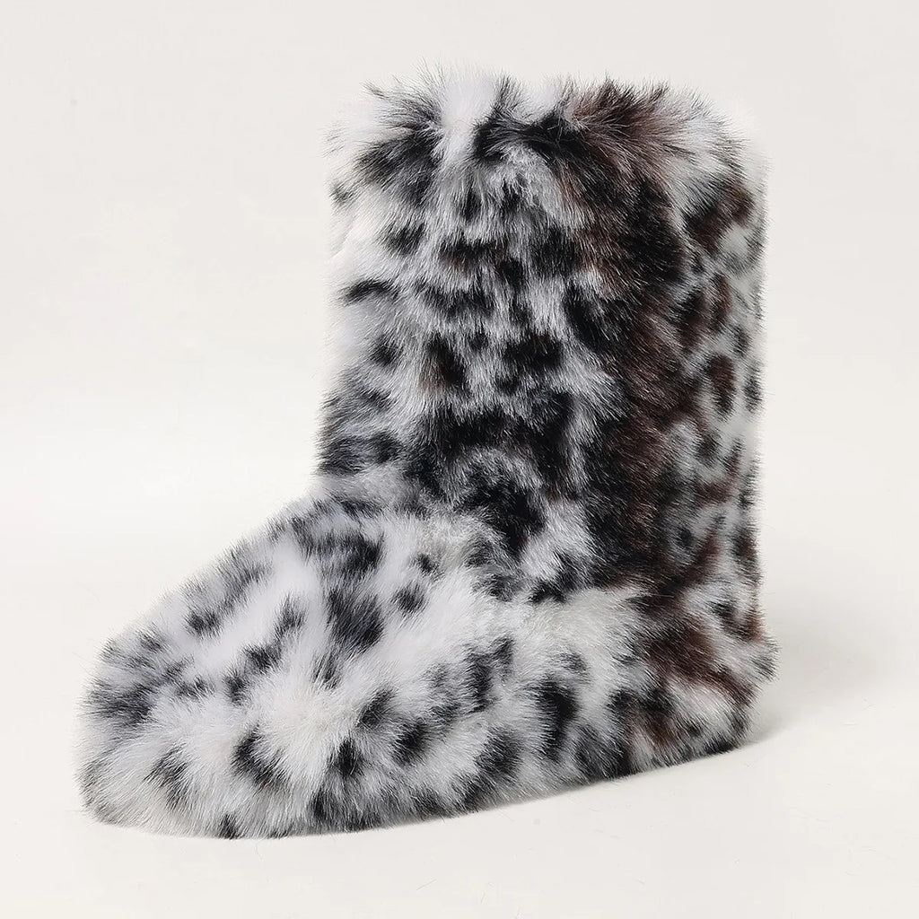 Womens Leopard Print Mid-Calf Fuzzy Faux Fur Boots - Soft, Warm, and Comfortable Slip-on Design with Flat Heel, Round Toe