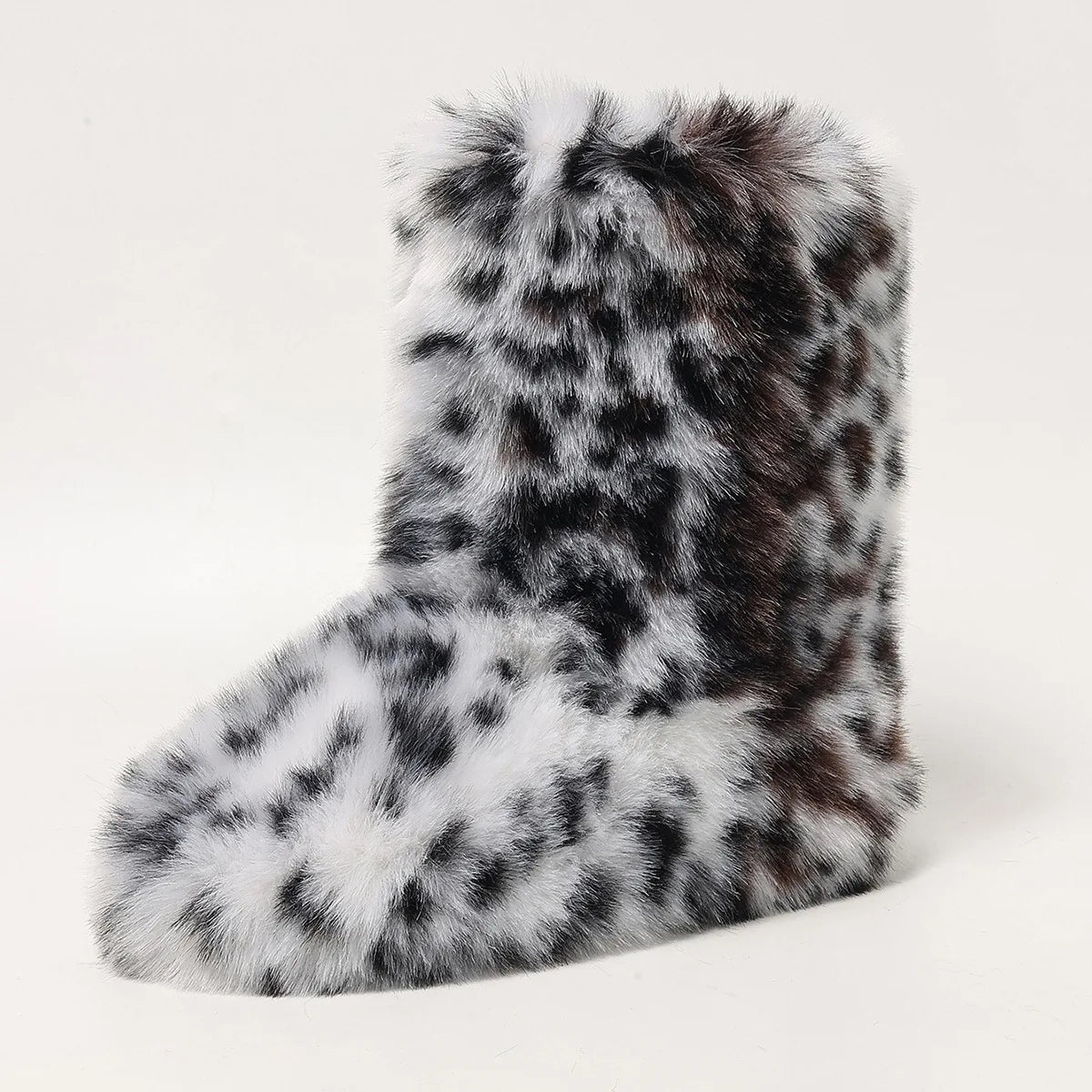 Womens Leopard Print Mid-Calf Fuzzy Faux Fur Boots - Soft, Warm, and Comfortable Slip-on Design with Flat Heel, Round Toe